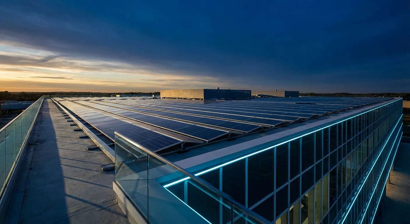 Cubierta de edificio con paneles solares fotovoltaicos al atardecer