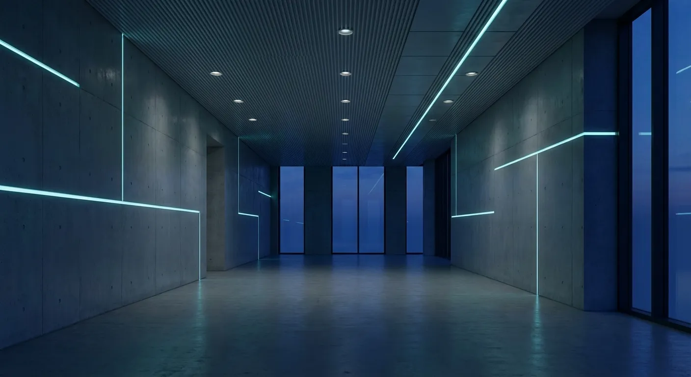 Interior de edificio inteligente con iluminación LED integrada en paredes de hormigón